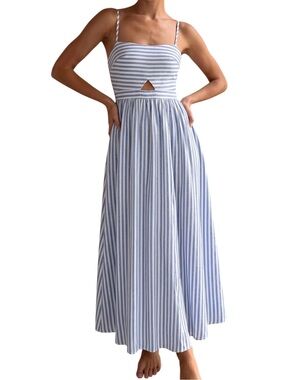 Commense Blue White Striped Cutout Maxi Dress Cotton Blend Pockets Small NWT